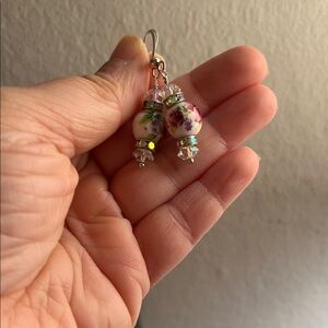 Hand-Painted Floral Porcelain Drop Earrings - Pink and Cream